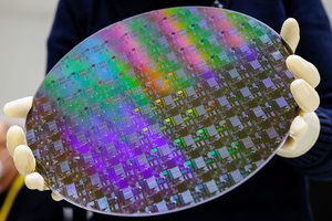 Test structures of microchips on a silicon wafer in the Physical Failure Analysis Lab
