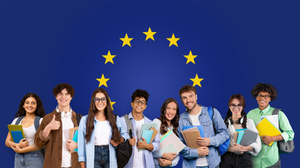 Photograph of six diverse university students with books and backpacks, giving a thumbs up signal