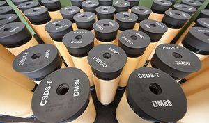 Photograph of ammunition for large calibre weapons waiting to be processed at Rheinmetall plant in Germany