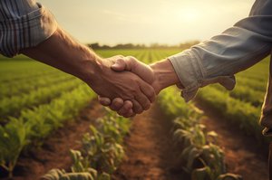 Photograph of farmers on a crop field shaking hands