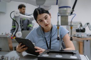 Photograph of a female engineer working on technology in a laboratory setting.