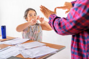 Photograph of a young girl using sign language with an adult in a school setting