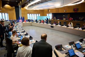 Photograph of people seated around a curved table in a meeting room with EU flags.