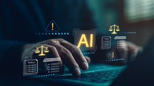 Hand of a man working on laptop with icons related to AI showing on a virtual screen
