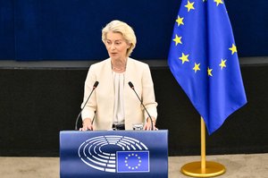 Photograph of Ursula von der Leyen, President of the European Commission delivering the 2026 State of the Union address to the European Parliament. 