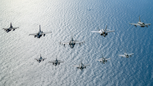 Allied fighter jets fly in formation over Greece