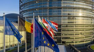  Photograph of the European Parliament building in Strasbourg with European flags flying