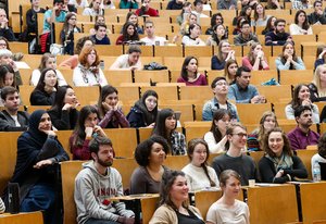 Photograph of students in a lecture theatre at the the Free University of Berlin, Germany