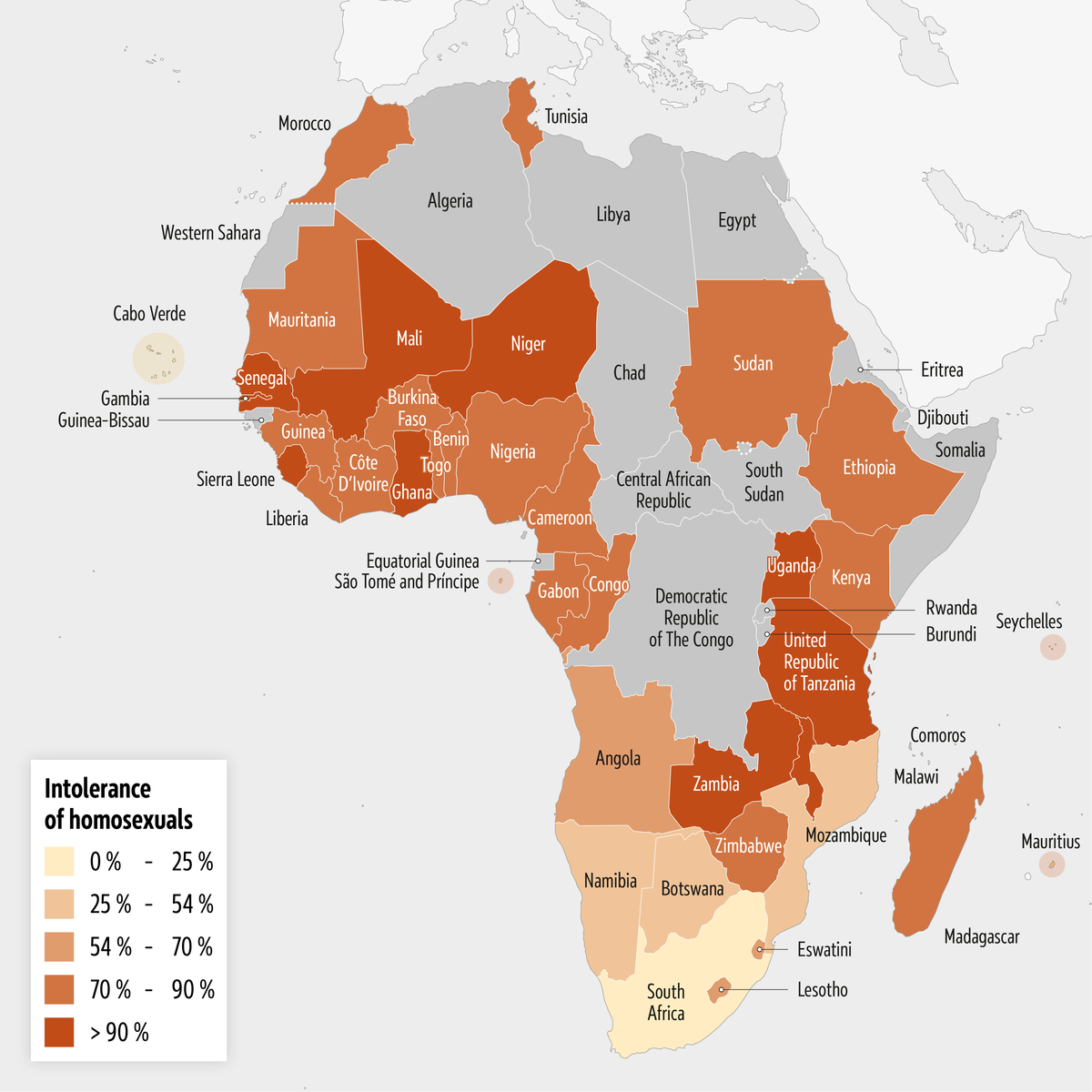 Map of intolerance of homosexual neighbours in Africa in 2024