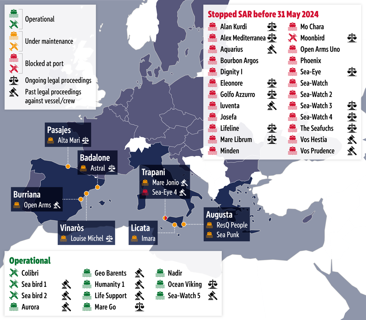 NGO assets involved in search and rescue operations in the Mediterranean, August&nbsp;2014 to May&nbsp;2024