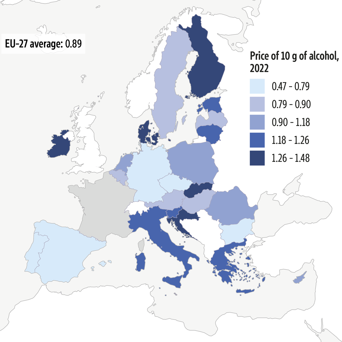 Average price of 10g of pure alcohol (EU, 2022)