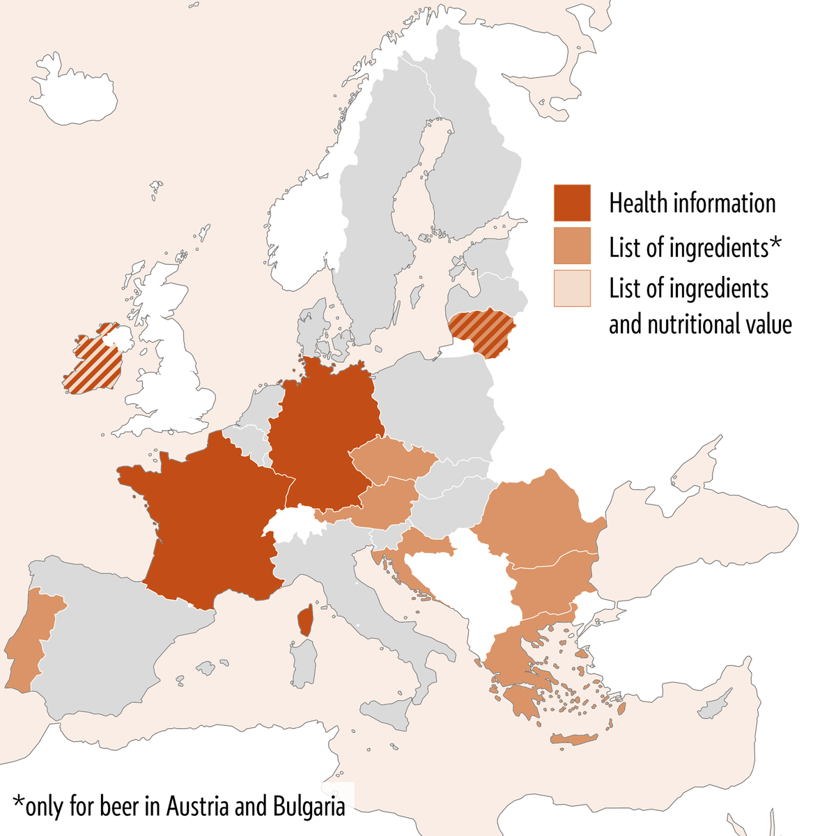 EU countries providing nutrition/health information on alcohol labels
