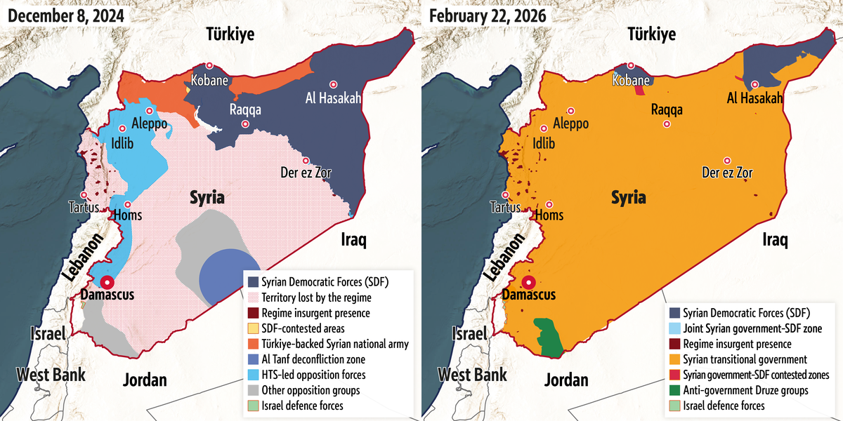 Maps of SDF territory in Syria in December&nbsp;2024 and in February&nbsp;2026