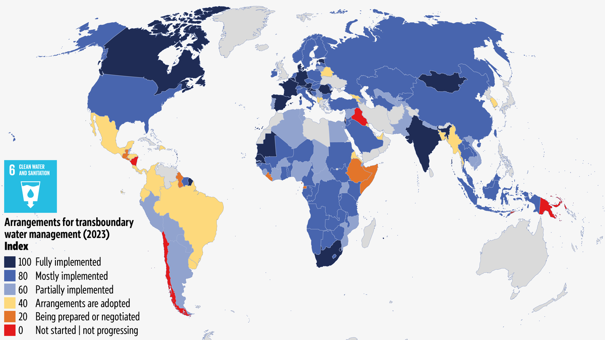 A world map showing the implementation status of transboundary water arrangements per country.