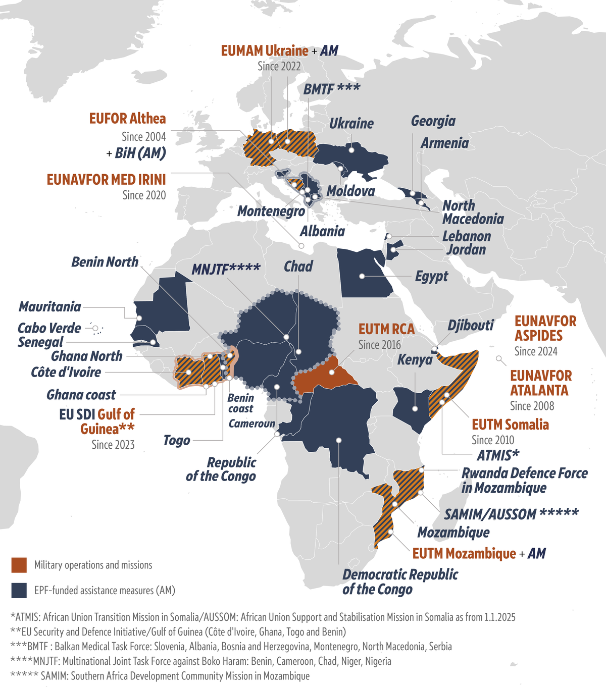Map showing all EPF assistance measures and the eight CSDP military operations and missions, as well as a hybrid (civilian and military) initiative
