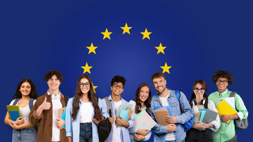 Photograph of six diverse university students with books and backpacks, giving a thumbs up signal