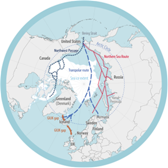 Map showing navigable routes and relevant country names in the Arctic region