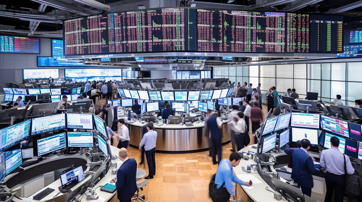 This image shows a financial trading floor with traders working at computer stations beneath large electronic market display boards.