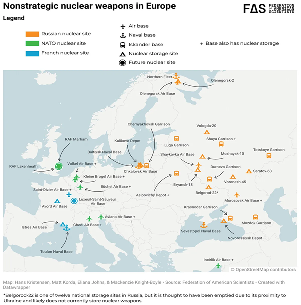 This map shows the location of non‑strategic nuclear weapons in Europe.
