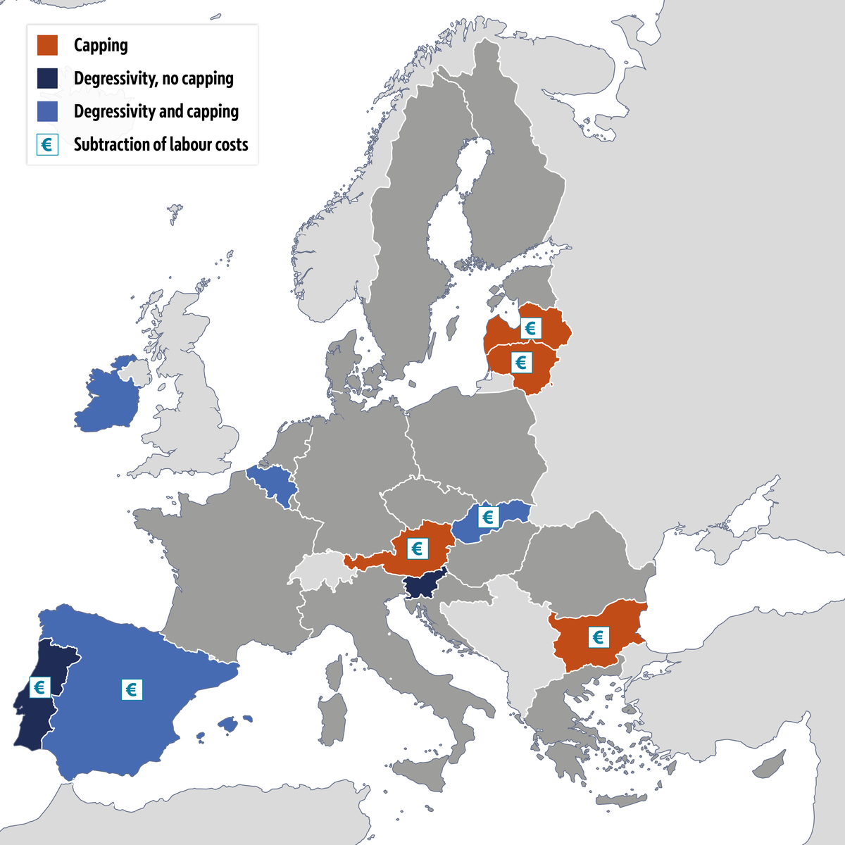 Map of the EU showing Member States applying capping, degressivity without capping, or both degressivity and capping, with symbols indicating those that also allow the subtraction of labour costs.
