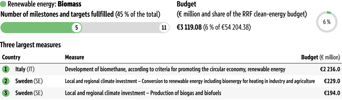 The figure shows the overall budget available and the three largest measures for the intervention field 'Biomass', as well as the percentage of related milestones and targets fulfilled as of 8&nbsp;June 2026.