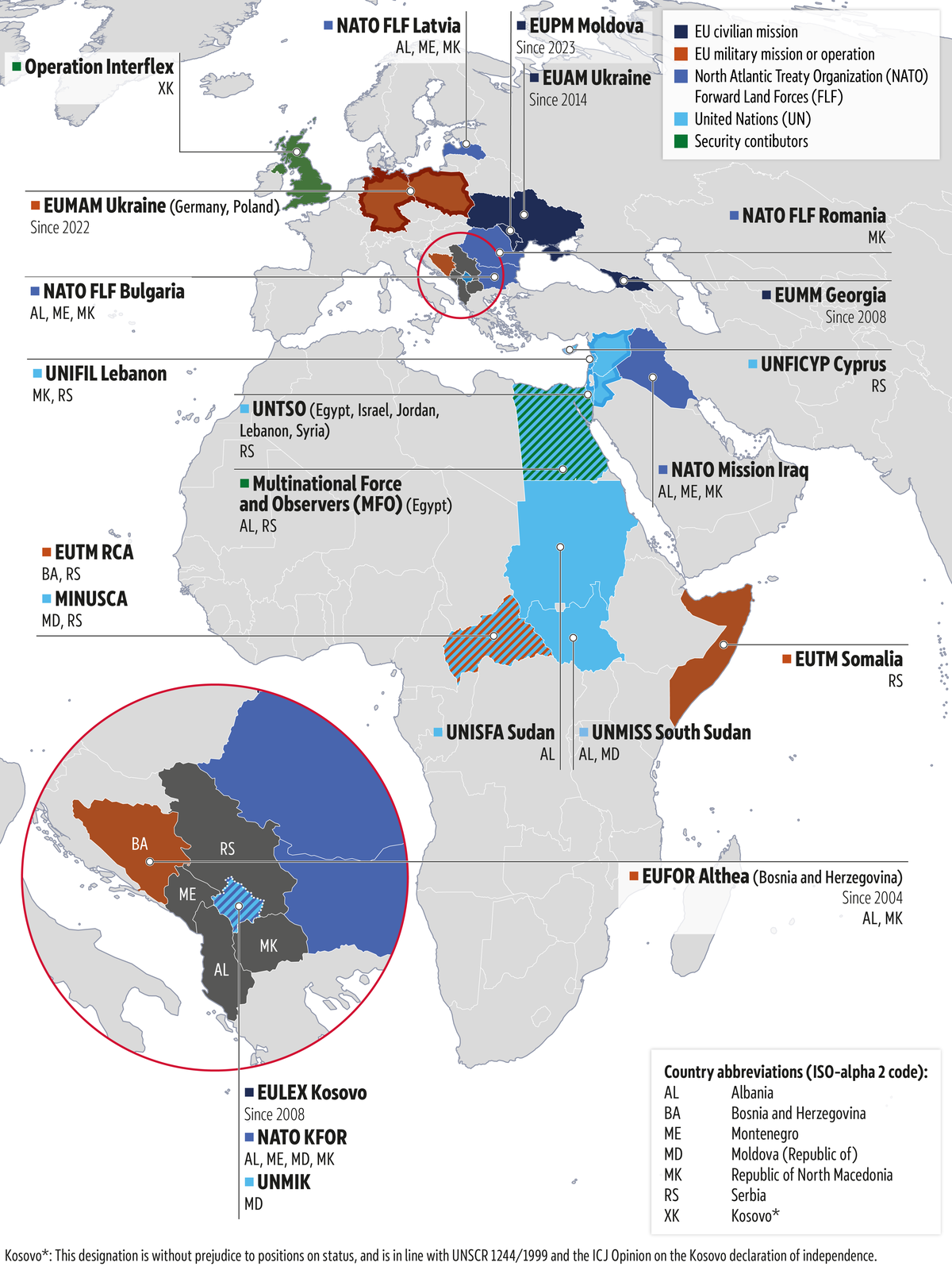 This map shows that EU enlargement and missions still host CSDP missions in the territories, including where these countries also contribute military staff. It does so by indicating the CSDP missions and other multilateral military operations in which the enlargement countries participate. It therefore illustrates how enlargement countries have moved from being purely security recipients to also contributing to the EU's security.