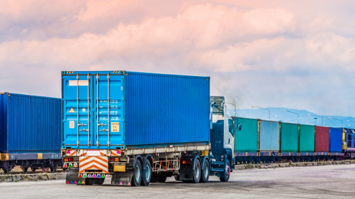 Freight car trailer with cargo container and freight train with cargo containers background, import export business logistic, Auto or automobile business commercial background concept.