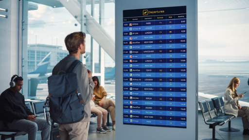 Airport Terminal: Young Man Looking at Arrival and Departure Information Display Looking for His Flight. Backgrond: Diverse Crowd of People Wait for their Flights in Boarding Lounge of Airline Hub