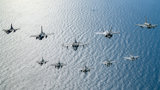 Allied fighter jets fly in formation over Greece