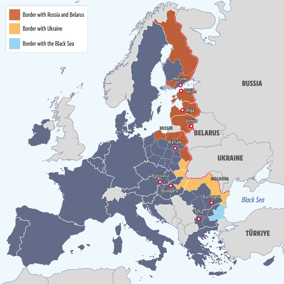 Map 1&nbsp;&ndash;&nbsp;EU's eastern regions bordering Russia, Belarus and Ukraine (NUTS2 level)